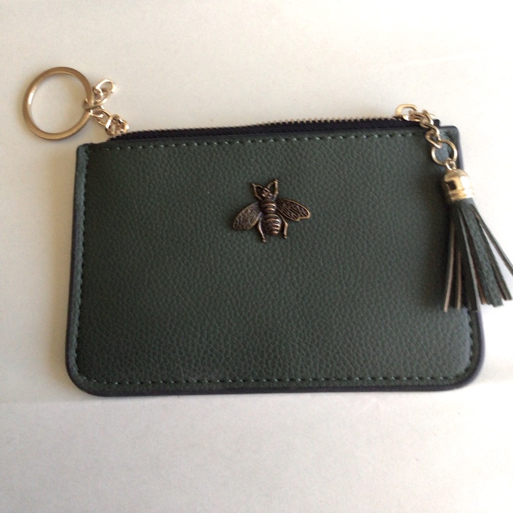 Green Leather Keychain Wallet with Bee Accent